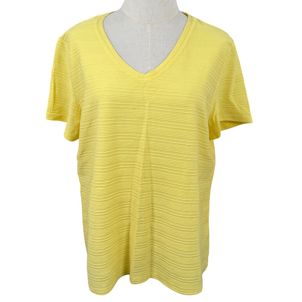 Laura Scott XL T Shirtβ Sunshine Yellow Textured Ribbed V-Neck Cotton Summer Tee